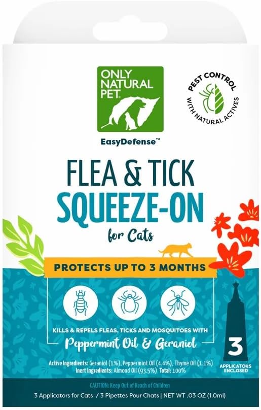 Only Natural Pet Flea and Tick Prevention for Cats - EasyDefense Flea Remedy - Natural Flea Care Control Squeeze-On Drops - Three Months Supply (1-Pack)