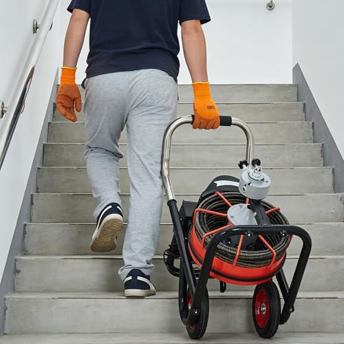 100FT x 3/8 Inch Drain Cleaning Machine with 10 Cutters & Air-Activated Foot Switch, Auto Feed Drain Snake Auger on Wheels
