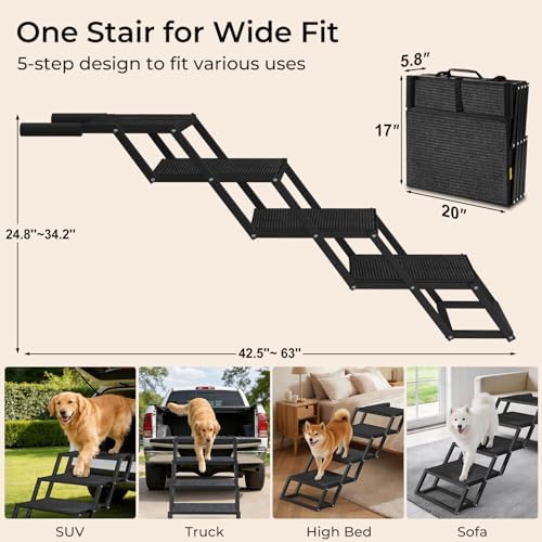 URPOWER Dog Stairs for Large Dogs Extra Wide 20" with 5-Step Dog Ramp Steps | Foldable Pet Stairs, Detachable for Car High Bed