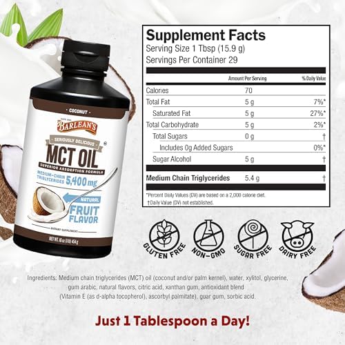 Barlean's MCT Oil Supplement, Coconut Flavored for Keto Coffee, Emulsified Creamy Liquid Syrup with 5,400mg Plant-Based MCT's to Support Energy, Focus and Wellness, 16 oz | Coconut MCT oil, emulsified creamy liquid, keto coffee creamer, energy and focus…