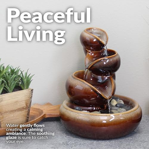 Sunnydaze 10" Tiered Vessels Ceramic Tabletop Fountain, Smooth Glaze, Brown