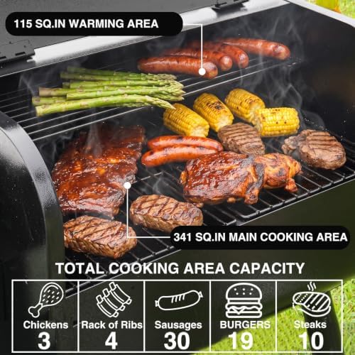 KingChii Electric Wood Pellet Grill & Smoker with Side Shelf, 456 SQ.IN Grill Capacity, with PID Temperature Control (180-425°F) for Backyard Camping Bake and Roast, Black