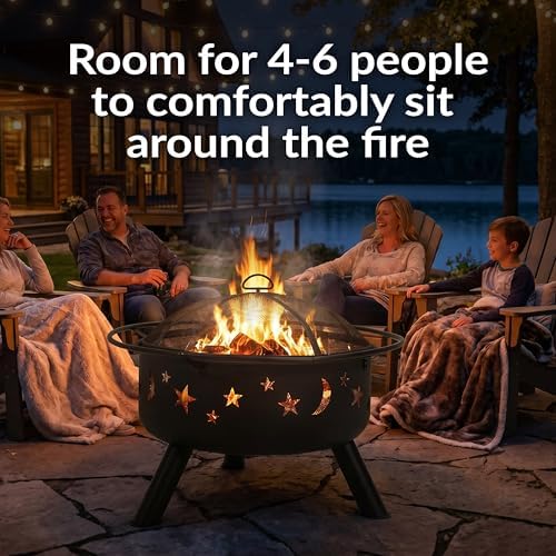 Sunnydaze Cosmic 30" Fire Pit with Cooking Grate for Outside, Wood Burning | Bronze, Heavy Duty Steel Metal, Includes Spark Screen & Poker, Round Outside Firepit for Patio, Deck, Backyard BBQ, Bonfire