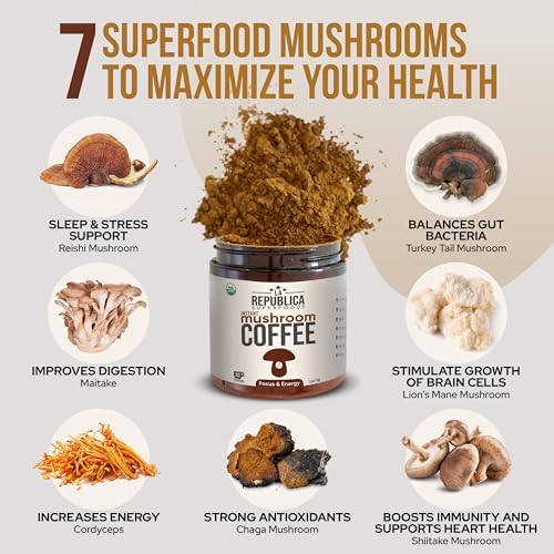 La Republica Organic Mushroom Coffee (30 Servings) Made with Full-Fruiting Bodies, Arabica Shade-Grown with Lion's Mane, Reishi, Chaga