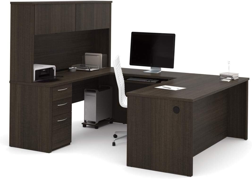 Pemberly Row 71" U-Shaped Computer Desk with Hutch, Dark Chocolate Finish, Melamine and High-Density Particle Board, Reversible Design