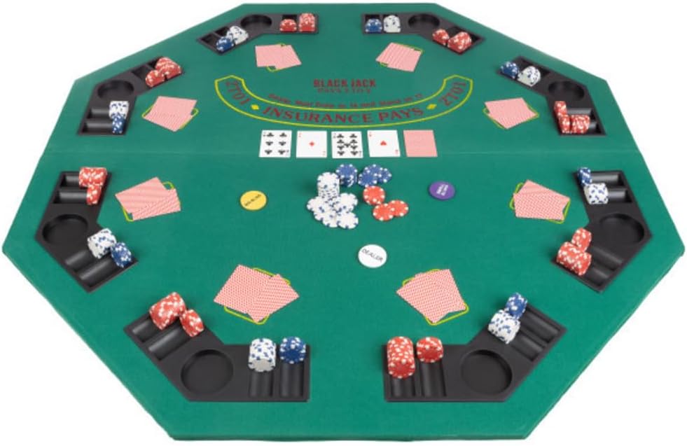 Folding Poker Table Top – 48-Inch Solid Wood Topper – Space for 8 Players – Blackjack Table with Built-in Cupholders and Chip Trays by