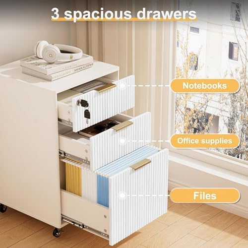 3 Drawers Fluted Mobile File Cabinet with Lock, Rolling File Cabinet Printer Stand Table, Under Desk Wooden Filing Cabinets for Home Office Essentials Storage Organization Furniture Letters/A4(Oak)