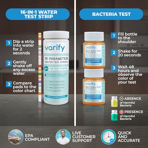 Varify 17in1 Complete Drinking Water Test Kit - 100 Strips + 2 Bacteria Tester Kits - Well, Tap, Home, City Water Testing Strip for Lead, Alkaline