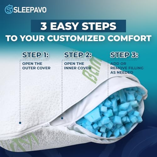 Memory Foam Pillows Queen Size Set of 2 - Cooling Bed Pillows for Sleeping - Back, Stomach, Side Sleeper Firm, Comfy Cool Shredded - 2 Pack, Rayon Derived from Bamboo