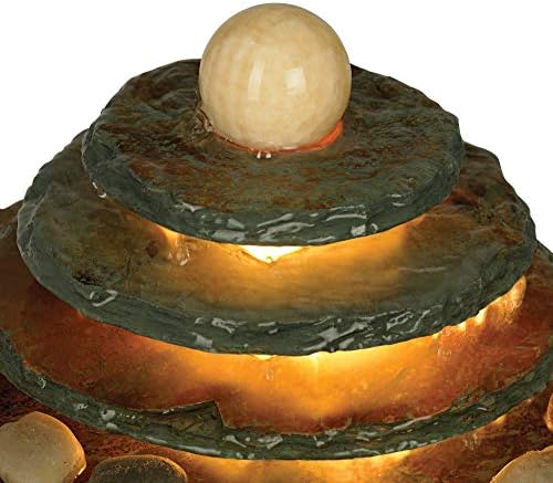 Pyramid 10" High Feng Shui Ball Lighted Table Indoor Small Fountain | Zen Modern Decor Slate Stone Tabletop with Light Waterfall Rock Water Feature for Desk Relaxation Bedroom Living Room