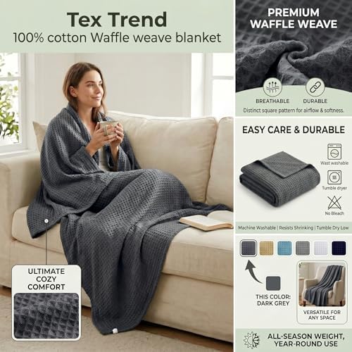 Tex Trend 100% Cotton Waffle Weave Blanket Queen Size - Soft, Breathable Cooling Blanket for Bed, Lightweight Cozy Summer & Spring Bedding, Grey, 90x90