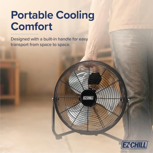 EZ-CHILL 12” Cradle Floor Fan, 3 Speed, High Velocity, 180 Degree Adjustable Tilt, All-Metal, Carry Handle, Rubber Feet, Airflow 15.42 ft/sec, Ideal for Home, Bedroom & Office, Black