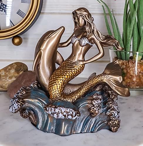 Ebros Atlantis Mermaid Embracing Dolphin by Ocean Waves Statue 4.5" L Art Nouveau Nautical Mermaid Decorative Figurine