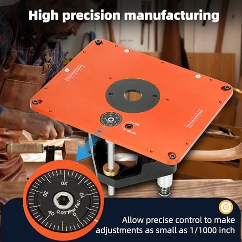 Precision 3-1/2" Router Table Lift Systems for 3-1/2" Diameter Motor | 9-1/4'' x 11-3/4'' Router Table Insert Plate with 5 PCS Insert Ring for Bosch