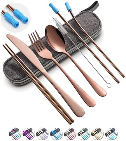 Travel Utensils Set with Case Reusable Portable Cutlery Set Stainless Steel 8pcs Including Dinner Knife Fork Spoon Chopsticks Straws(Rainbow)