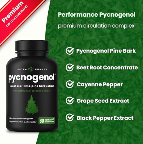 NutraChamps Pycnogenol French Maritime Pine Bark Extract, Premium Circulation Complex, Blood Flow, Nitric Oxide Production, Superior Absorption