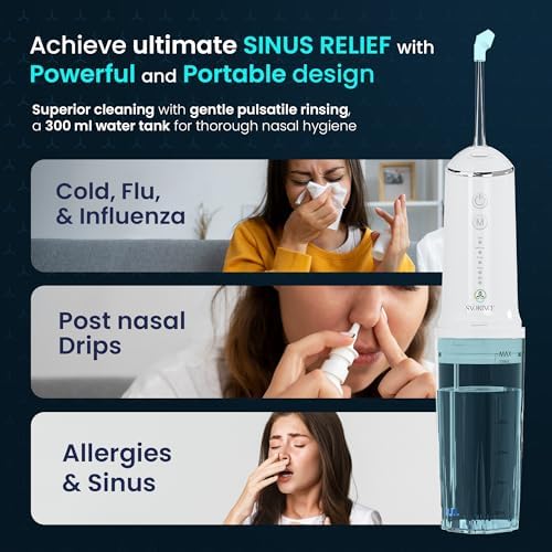 Nasal Irrigation System for Sinus Relief 30 Salt Packs 4 Rinse Modes | 4 Nozzles Portable Cordless Electric Neti Pot Nose Cleaner - Sinus Flush Kit
