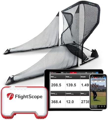 FlightScope Mevo Launch Monitor with The Net Return Home Series V2 Golf Net | 8 Swing Data Parameters, Skills Games, Video Capture, Swing Training | Indoor and Outdoor