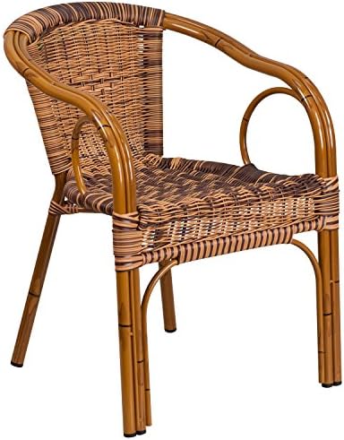EMMA + OLIVER Brown Rattan Patio Chair with Dark Red Bamboo | Durable Construction, Commercial Use