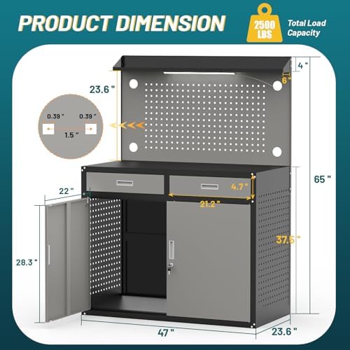 48" Heavy Duty Workbench with Drawers and Lockable Storage Cabinet- 2500 LBS Capacity Work Bench with Pegboard