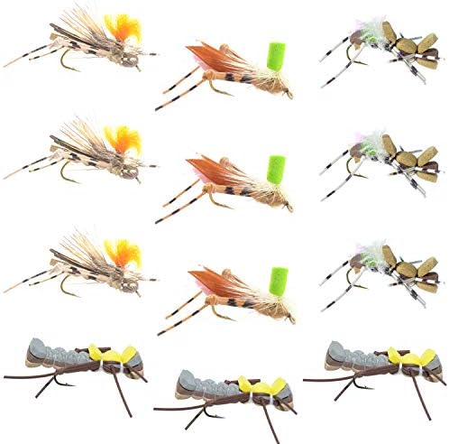 The Fly Fishing Place Trout Fly Assortment - Foam Body High Visibility Grasshopper Dry Fly Collection - 1 Dozen Flies - Hook Size 10 - Fly Fishing