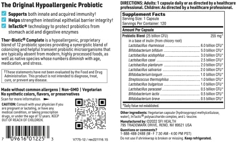 Klaire Labs SFI Health Ther-Biotic Complete, 60 Count | 12 Strain Probiotic Capsules for Digestive and Immune Support, 25 Billion CFU Gut Health Supplement, Hypoallergenic Formula