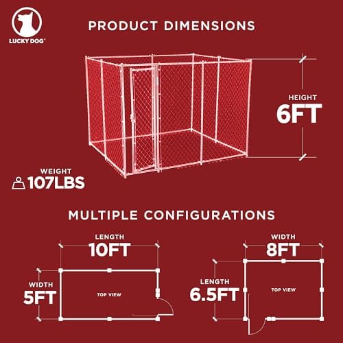 Lucky Dog 10' x 10' x 6' Heavy Duty Outdoor Welded Galvanized Steel Chain Link Dog Kennel Enclosure with 2 Configurations and Latching Door, Silver