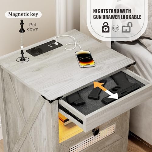 LED Night Stand with Gun Drawer & Charging Station | Human Sensor Lights, Hidden Storage, Farmhouse Rattan Style, 3 Drawers, Bedside Table for Bedroom, End Tables Livingroom