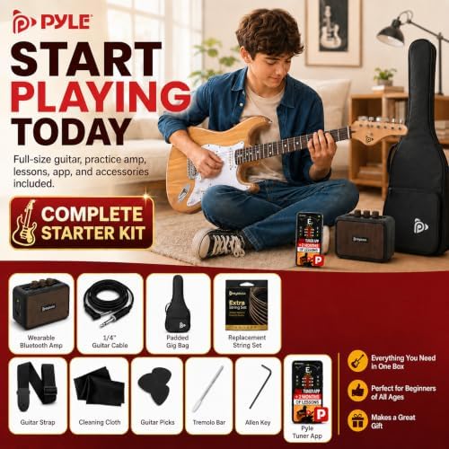 Pyle Electric Guitar and Amp Kit - Full Size 39" Complete Starter Kit with Wearable Bluetooth Amplifier, 1/4” Cable, Carry Case, Strap, Strings, Picks, Cleaning Cloth, ST-Style Pickups (Black)