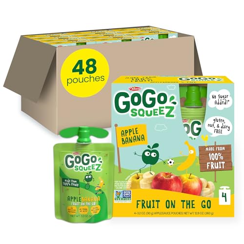 GoGo squeeZ No Sugar Added Applesauce, Apple Apple, 3.2 oz, 48 Count | Kids on the go fruit snack made with applesauce & fruit puree; 3.2 oz pouches, gluten and nut free, recloseable cap, BPA-free