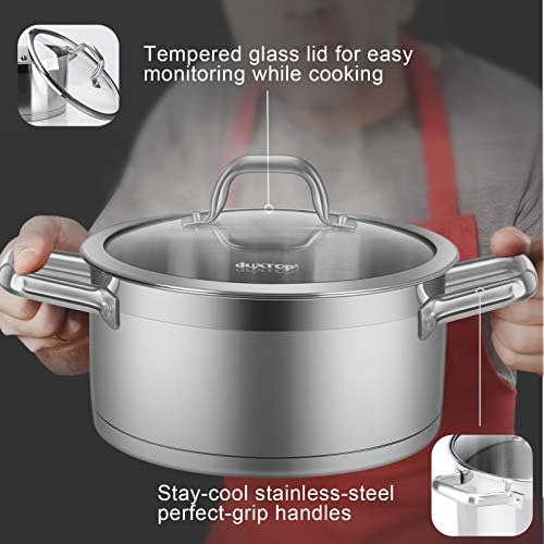 Duxtop Professional Stainless Steel Stock Pot with Glass Lid, Induction Cooking Pot, Impact-bonded Base Technology, 4.2 Quarts | Stockpot with Stay-Cool Handle, Impact-Bonded Base for Even Heating