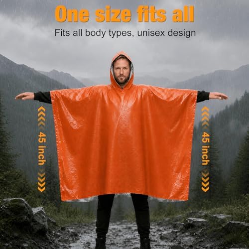 4 Pack Emergency Survival Mylar Poncho | 90% Heat Retention, Waterproof, Windproof, Tear-Resistant, Individually Packed for Hiking, Camping, Car Emergency Kit