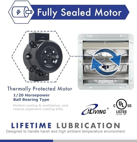 iLIVING 12" Wall Mounted Shutter Exhaust Fan, Automatic Shutter, with Thermostat and Variable Speed controller, 0.6A, 960 CFM
