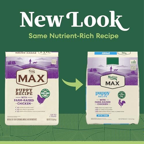 Nutro Max Puppy Recipe Dry Dog Food, Farm-Raised Chicken, 12 lb | 100% complete & balanced, omega 3 & 6 fatty acids, supports digestion & skin, no artificial preservatives or colors