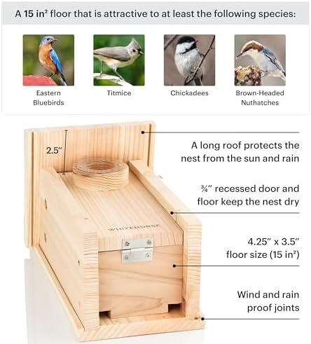 WHITEHORSE Bluebird House - Weatherproof Bird House for Outdoors - Cedar Birdhouse Built to NABS Specs - Nest Box for Bluebirds, Chickadees, Titmice