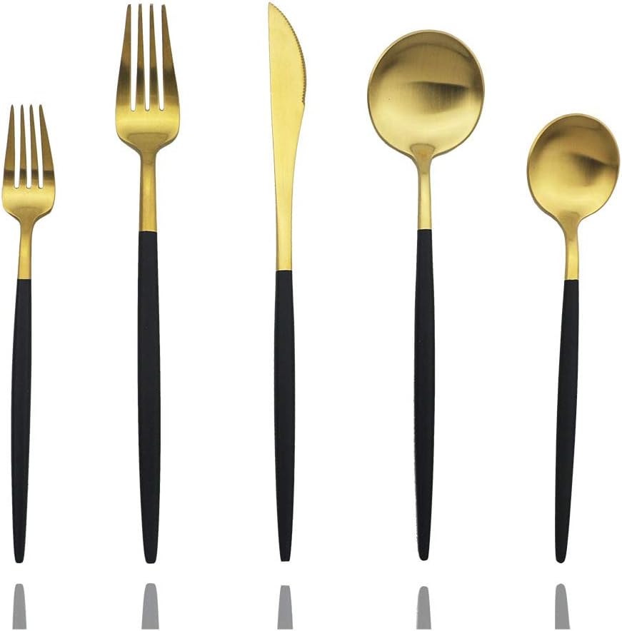 JASHII Luxury 18/10 Rainbow Flatware Set - 304 Stainless Steel Colorful Cutlery - 5-Piece Adaline Royal Modern Satin Finish for Birthday