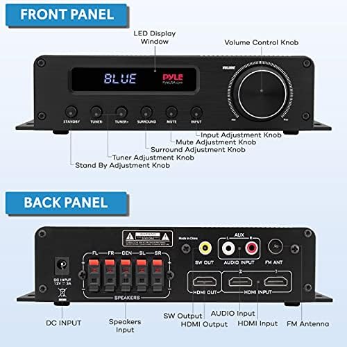 Pyle Wireless Bluetooth Home Audio Amplifier - 100W 5 Channel Home Theater Power Stereo Receiver, Surround Sound w/ HDMI, AUX, FM Antenna
