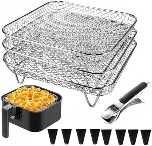 7 Inch Air Fryer Rack Compatible with Ninja Crispi/Ninja Pro 5QT/ Cosori 5QT/ Chefman 5-6QT/ Instant Pot 4Qt Vortex Air fryer &More, 3pcs Stackable Stainless Steel Air fryer Basket with 8 Silicon Feet
