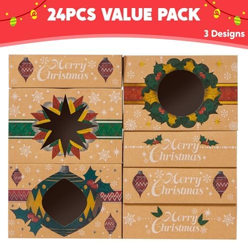 JOYIN 24PCS Christmas Cookie Boxes for Gift Giving, 8.75" x 5.75" x 2.75" Xmas Holiday Bakery Treat Boxes with Window