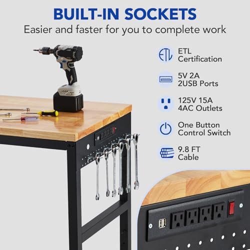 Workbench Adjustable 75' x 25', 2000 Lbs Load Capacity, 29.5"-38.4" Heights Garage Worktable with Universal Wheels & Power Outlet