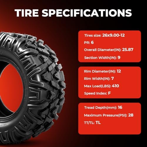 ATV/UTV Tires 26x9-12, 6-Ply Tubeless Tire, Set of 2 | 2pcs 26x9x12 ATV Tires, 6 PR