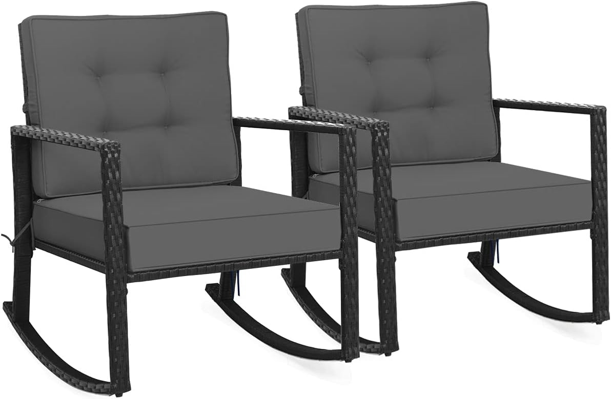 Tangkula Wicker Rocking Chair, Outdoor Glider Rattan Rocker Chair with Heavy-Duty Steel Frame