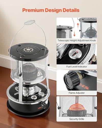 VEVOR 9000 BTU Portable Kerosene Heater & Stove, 2 in 1 Non-Electric Indoor Outdoor Heater with Adjustable Height & Flame & Easy Storage, for Camping
