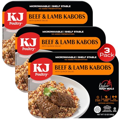 KJ Poultry Kosher Ready Meals - Beef Lamb Kabob & Quinoa, MRE Meat Meals Ready to Eat (1 Pack) Prepared Entree Fully Cooked, Shelf Stable Microwave Dinner Travel, Military, Camping, Emergency Survival