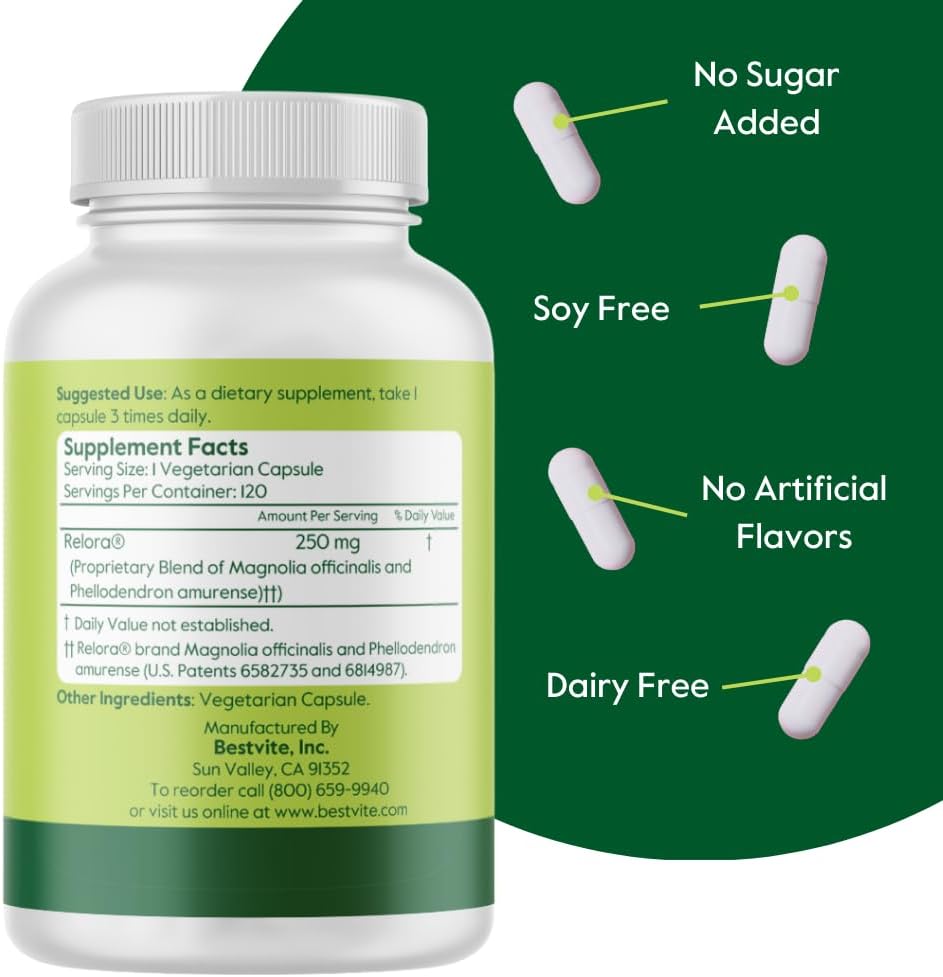 BESTVITE Filler-Free Relora 250mg (120 Veg Caps) - Clinically Researched | No Stearates – Vegan – No Fillers – Supports the Management of Occasional Stress* - Easy to Swallow Capsules