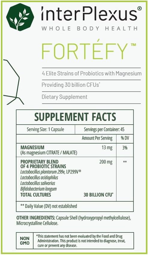 InterPlexus Fortéfy - 4 Elite Strains of Probiotics Providing 30 Billion CFU per Capsule with Magnesium - Gluten Free, Dairy Free
