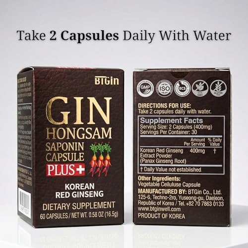 Gin Hongsam Saponin Capsule Plus Korean Red Panax Ginseng Extract - High Rg3 & Compound K Supplement - Caffeine Free Extra Strength Energy