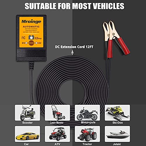 Smart Battery Charger, Mroinge 6V / 12V 1.5A Fully Automatic Trickle Charger/Maintainer for Motorcycle, ATV, Lawnmowers and More