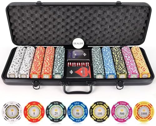 Versa Games Poker Chips - Clay Poker Chips Set - 13.5g 500 Piece Crown Casino Poker Set with Numbers Denomination - Upgraded Poker Set Case