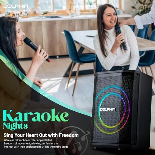 Dolphin Bluetooth Party Speaker with Wireless Microphone, 8" Woofer | 40W RMS, 3D LED Ring Light, RGB Lights, TWS Pairing, USB/AUX